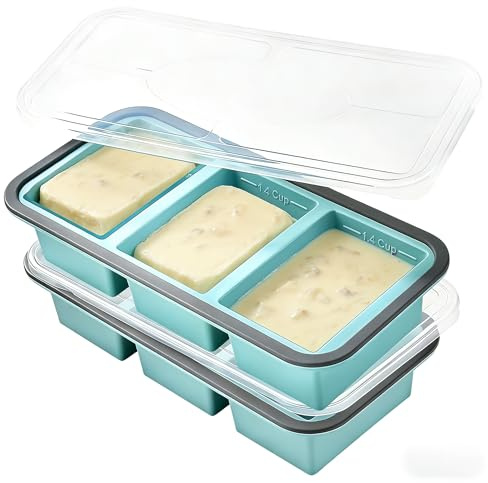 2 stampi per congelatore in silicone, 3 scomparti Super Cubes Freezer, Souper Cubes, contenitore in silicone per zuppa, salsa, grande stampo per cubetti di ghiaccio con coperchio, senza BPA, lavabile