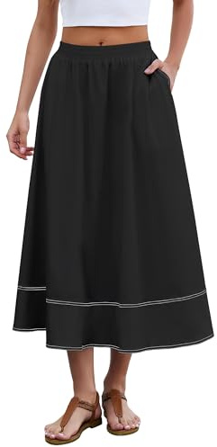 Bsubseach Stitch Long Skirts for Women Casual Elastic Waist A Line Flare Summer Maxi Skirt with Pockets Black L