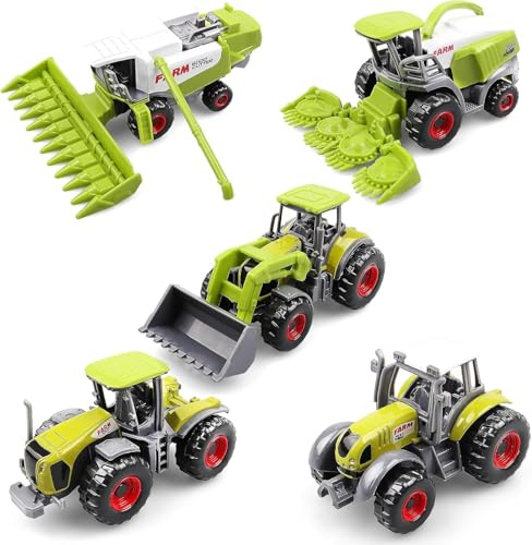 SZKALAK Lot de 5 Tracteurs Jouets Ferme en Métal, Mini Véhicules Agricoles avec Moissonneuse et Camions, Tracteurs en Alliage avec Pièces en Plastique, Vert Clair