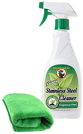 Howard Stainless Steel Cleaner and Polish for Kitchen Appliances, Removes Smudges Fingerprints, Streakless Finish with Microfibre Polishing Cloth, Unscented Formula, 473ml