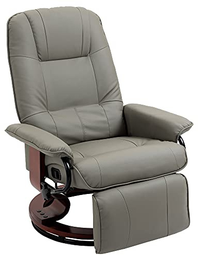 HOMCOM Swivel Recliner Chair, PU Leather Reclining Armchair with Retractable Footrest, Lounge Chair with Wood Base and Adjustable High Back for Small Spaces, Living Room, RV, Bedroom, Gray