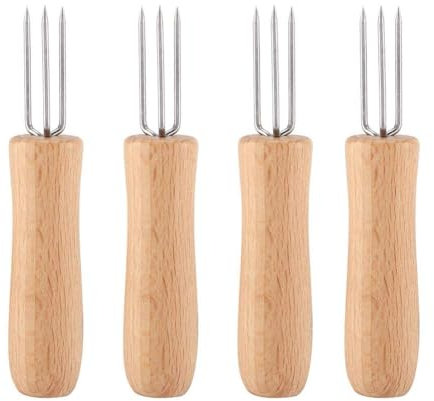 Agatige 4 Pcs Corn Cob Forks, Stainless Steel Corn on The Cob Holders Corn Stripping BBQ Fork Skewers Grilling Tools with Wood Handle for Home Cooking Parties Camping