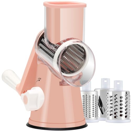 Ancevsk Rotary Cheese Grater with Handle, Round Mandoline Speed Kitchen Slicer, 3 in 1 Multifunctional Vegetable Shredder Manual Nut Grinder for Nuts, Potato, Carrot, Cucumber (Pink)