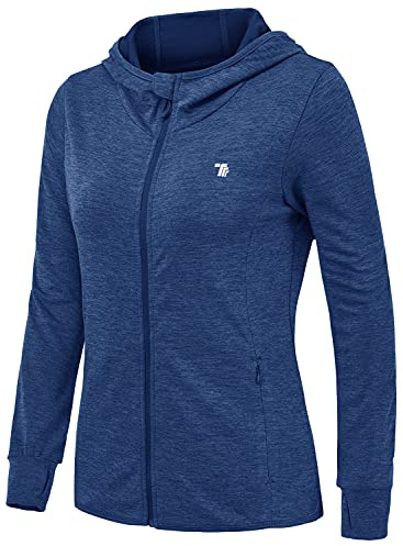 donhobo Women's Running Jackets with Thumb Hole,Gym Hoodie Top Navy M