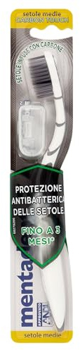 Mentadent Spazzolino P Antibatterico Carbone, Spazzolino Medio, con Setole Infuse di Ioni d'Argento e Carbone, Protezione Antibatterica delle Setole, Manico Tripla Angolazione