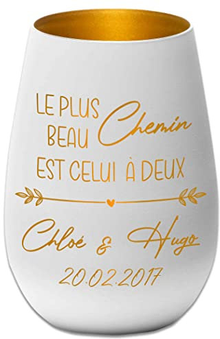 Photophore en Verre - Personnalisable - Blanc/Or - Le Plus Beau Chemin est celui à Deux -Gravure Noms - Amour - Saint Valentin - Anniversaire Mariage Partenaire