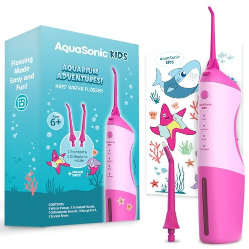 AquaSonic Kids' Water Flosser for Ages 6+ | Standard Nozzle, Orthodontic Nozzle & Waterproof Stickers | 4 Flossing Modes | Aquarium Adventures Theme (Pink)