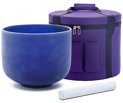 Hye-eun Bol chantant en cristal d'indigo, 20,3 cm, note de la la do, bol sonore en quartz dépoli, chakra du troisième œil avec étui de transport pour yoga, guérison, énergie sonore, vibration
