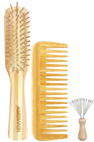 Bamboo Detangling Hairbrush and Wide Tooth Comb Set - Promotes Hair Growth, for Women, Men, Thick, Thin, Curly, Dry Hair - Cleaner Included