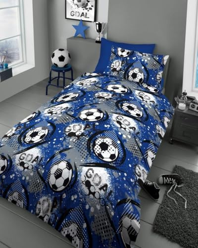 Lions Boys Bedding Set - 100% Microfibre Polyester, Kids Football Goal Blue Duvet Cover Set Single Szie with Matching Pillowcase, Reversible Printed Quilt Covers, Easy Care, 137x200cm