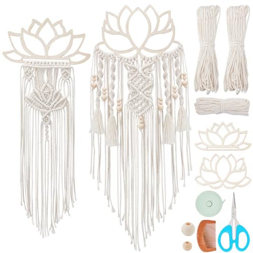 FREEBLOSS DIY Makramee-Lotus-Wandbehang Mit Rahmen, Wandteppich-Set für Anfänger Mit Anleitung - Wohnzimmer Dekor