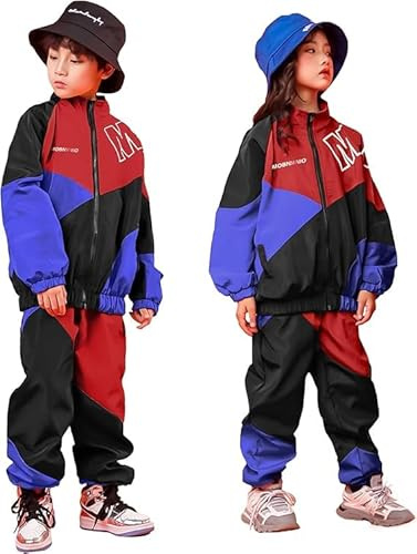 LOLANTA Boys Color Block Jacket Pants Set, Stylish Street Hip Hop Dance Costume, Street Dance Outfit,12-13 Years,Red,170