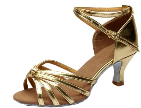 Lvguang Latinska dansskor för kvinnor 5 cm klackar latinamerikanska dansskor satin jazzskor dam Tango Bachata öppen tå skor 7 cm, 5 cm Guld 01, 36 EU
