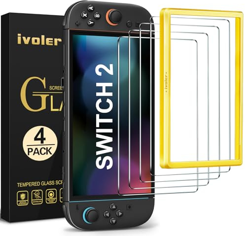 ivoler 4-pack skyddsglas kompatibelt för Nintendo Switch 2, skärmskydd med positioneringshjälp, 9H hårdhet skyddsglas, anti-repa, HD Clear, anti-bubbla | med [Justeringsram] tillbehör transparent HD klart repskydd skärmskydd för Nintendo Switch 2, 7,9-tums