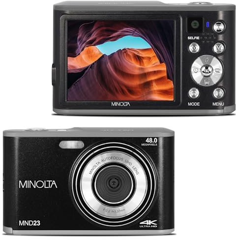 Minolta 48MP Digital Camera with Rear Selfie Lens – 4K Ultra HD Video, 2.8 LCD Screen, 16X Digital Zoom, Autofocus, Slow Motion, Time Lapse, Filters, Scene Modes, 32GB Card Included (Black)
