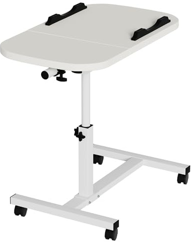 petour Table d'appoint mobile réglable en hauteur pour lit avec 4 roulettes, 60 x 40 cm, table pour ordinateur portable, table de dessus pivotante pour salon, chambre à coucher, bureau, lit, canapé