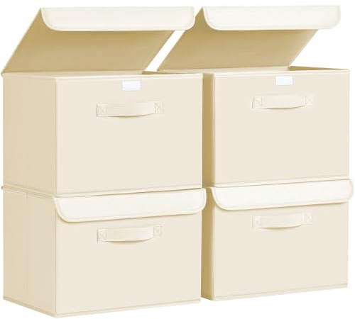 DIMJ Cajas Almacenaje, Juegos de 4 Cajas Organizadoras con Tapa y Asa, Cubos de Almacenamiento Plegable, Cajas de Tela para Ropa Juguetes Libros, Beige Clásico