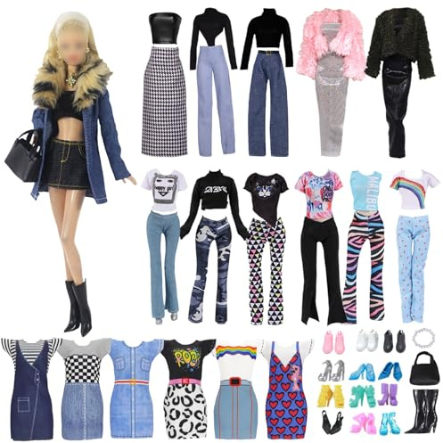 Lot de 18 vêtements de poupée ensemble col en cuir de jean élégant manteau en peluche vêtements de sport pour la maison