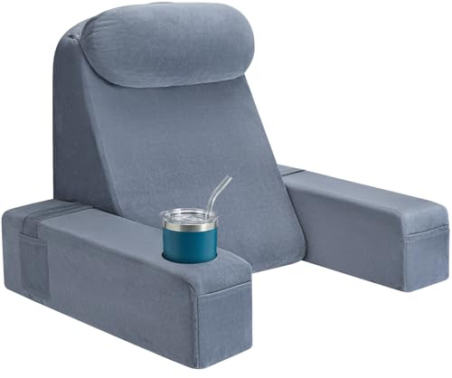 AS AWESLING Lesekissen für Erwachsene - Rückenkissen fürs Bett mit abnehmbaren Armlehnen, Getränkehalter & Handyablage - Kissenrückenlehne für bequemes Sitzen im Bett (GRAU, 53 cm)