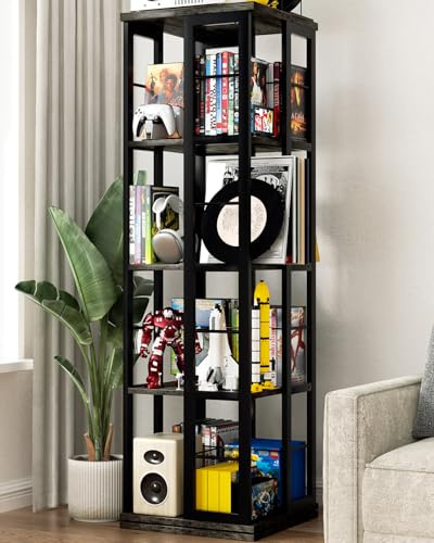 iSunirm Libreria girevole, libreria angolare, libreria in legno con rotazione a 360°, scaffale stretto da terra con ripiani girevoli, organizer per libri e oggetti, ideale per piccoli, rovere grigio