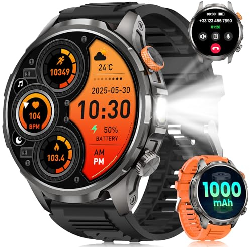 NAIXUES Reloj Inteligente Hombre Militar, 1000mAh Smartwatch Hombre con 1,91 AMOLED/5ATM Impermeable/LED Linterna/110 Modos Deportivos/SpO2/Pulsómetro/Sueño/Pulsera Actividad Android iOS Negro Carbón