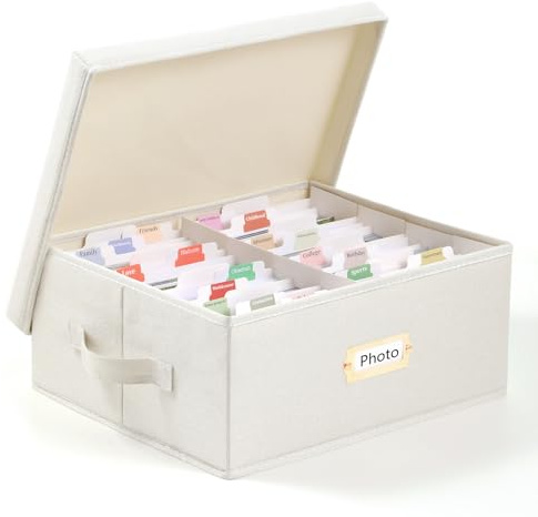 Aokeyee Photo Storage Box - Decorative photo boxes storage with lids, picture box with Dividers & Labels, Holds 1700+ 4x6 Pictures