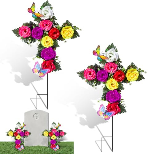 Luinabio 2 Pcs Memorial Day Cemetery Flowers for Grave Artificial Cross Memorial Flowers with Stake Artificial Butterfly Colorful Silk Rose Spring Easter Floral Bouquets for Gravesite Headstone Decor