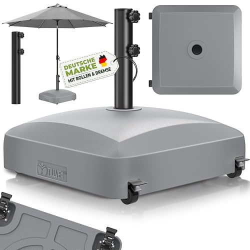 tillvex® Base de sombrilla PAVERA con Ruedas y Frenos | Soporte de lastre rellenable 37L / 56kg | Pie para Parasol y sombrilla de Mercado Ø 1,8-3,7m | Resistente a la Intemperie y UV (Gris)