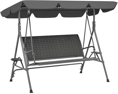 Outsunny Dondolo da Giardino 3 Posti in Rattan PE con Tettuccio Parasole Regolabile e Portabicchieri, Dondolo da Esterno con Telaio in Acciaio, Portata 320 kg, 204x112x150 cm, Grigio