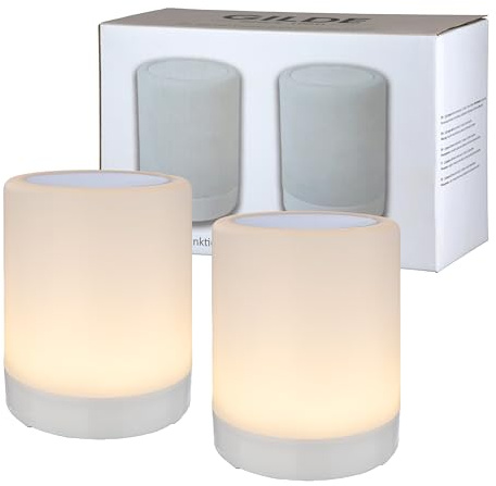 GILDE Tischlampe Kabellos Nachttischlampe Touch LED Lampe Batteriebetrieben - Stilllicht 2 x Tischleuchte mit Timer und 8 Farben – Weiß Kunststoff Höhe 12 cm