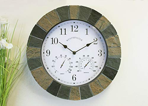 Homezone® Modern Round Shape Slate Effect Wall Clock - Power Operated Waterproof and Weatherproof Large Garden Clock - Indoor or Outdoor Decorative Ornament Clock for Living Room, Home Decor (35cm)
