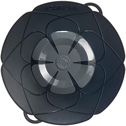 Kochblume das Original vom Erfinder! Ein Deckel für Alles Überkochschutz, Microwellen-Deckel, Spritzschutz und Dampfgaraufsatz anthrazit M 25,5 cm (für Topfgröße Ø 14-20 cm) Set mit Microfasertuch!