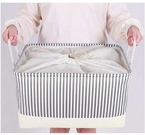 Mangata Collapsible Storage Box, Fabric Storage Basket with Handles | Soft & Durable, for Shelf, Closet, Wardrobe, Extra Large, 45x35x24cm, Grey Stripe, 1 Pack