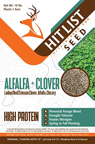 HIT LIST SEED® Alfalfa + Clover Food Plot Seeds for Deer [Perennial] - Food Plot Seed Perennial - Deer Plot Seed Mix - Ladino/Red/Crimson Clover, Alfalfa, Chicory - Spring & Fall Planting - 10 lbs