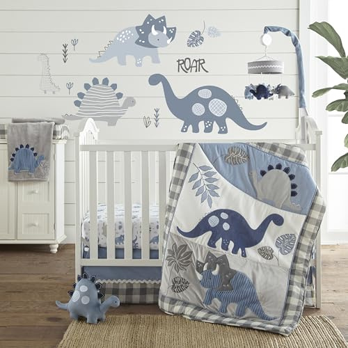 Levtex Baby - Kipton Crib Bed Set - Baby Nursery Set - Grey, White and Blue - Dinosaurs and Leaves - 4 Piece Set Includes Quilt, Fitted Sheet, Wall Decal & Skirt/Dust Ruffle