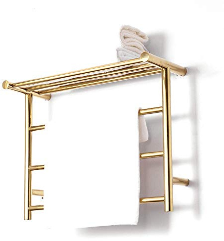 MSUDGH Towel Warmer, 304 Stainless Steel Heated Towel Rail Radiator Wall-Mounted Electric Towel Rack with Shelf for Bathroom, Gold, 3 Bars,Hard Wire