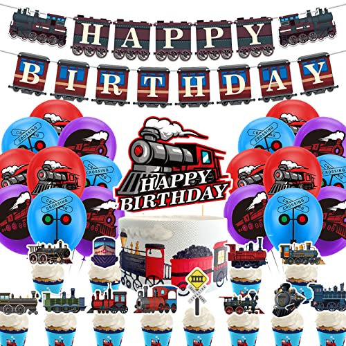 Zug Geburtstag Party Dekorationen - Happy Birthday Banner, Kuchen Topper, Cupcake Toppers, Ballons für Fahrzeug Party Zubehör