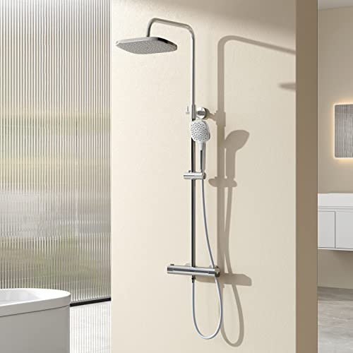 EMKE Duschsystem Duschset mit Theramostat Regendusche und Handbrause,38℃ Thermostat Duschsäuleset, Freie Winkel- und Höhenverstellung Duschset, KTW Zertifizieren, Quadratisch, Chrom