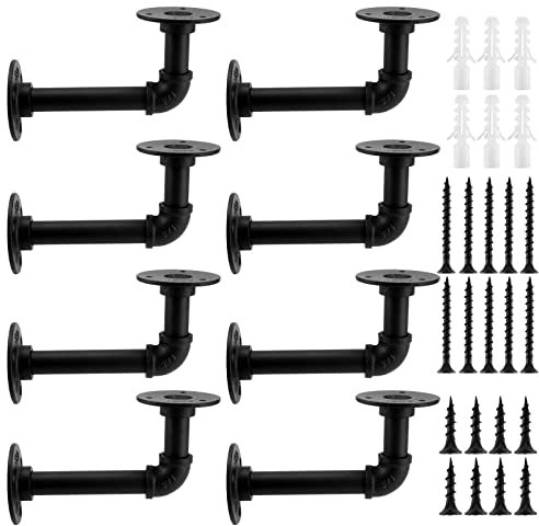 KOHAND Lot de 8 supports de tuyau industriels, supports d'étagère noirs avec vis et ancrages muraux durs, supports de tuyau pour étagères, planches d'échafaudage et décoration de la maison
