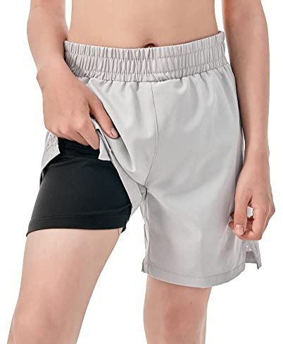 IRELIA Boys Box Brief Liner Compression Mesh Athletic Shorts Pocket Kids Quick Dry Active Sports Shorts with Reflective Strip Light Gray 14-16
