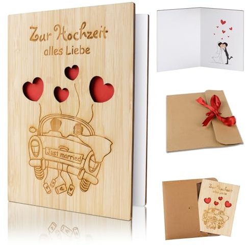 COLOFALLA Hochzeitskarte Holz 15x11cm mit Umschlag Geldgeschenk Karte zur Hochzeit Glückswunsch Grußkarte Glückswunschkarte für Hochzeit JGA (D)