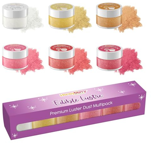 Edible Lustre Dust Multipack (6 x 3g Jar) - Assorted Colours of Fine Lustre Dust for Drinks, Cocktails, Desserts, Chocolate, Cake and Muffins Decoration - Food Grade Shimmer Powder Set (Lustre Warm)