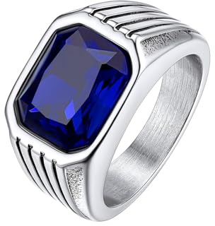 Bestyle Signet Gemstone Ring for Men, Pinky Stainless Steel Blue Sapphire Fancy Cut Cubic Zirconia Rings Statement Wedding Jewelry (Size 10)