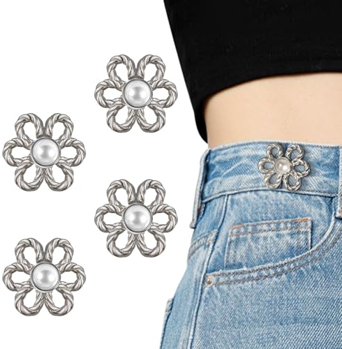 RichLuck Botón de jeans, 4 juegos de botones de flores ajustables para jeans, hebillas de cintura decorativas desmontables, ajuste perfecto, ajuste de cintura, pines instantáneos para pantalones