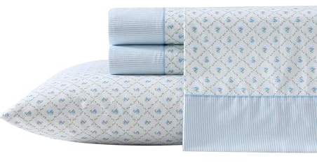 Laura Ashley - Sheet Set, Breathable Percale Cotton Bedding, 200 Thread Count, Deep Pocket, Chic Home Decor (Kate Blue, Full)