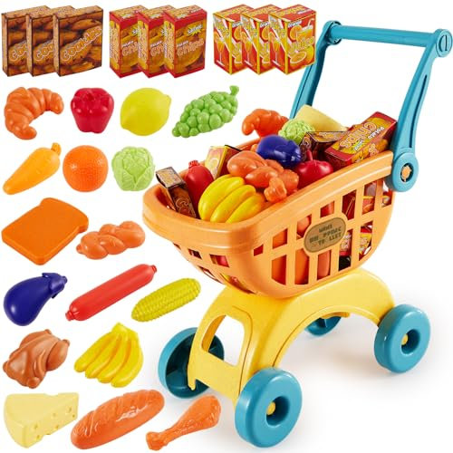 BUYGER Einkaufswagen für Kinder mit Lebensmittel Obst Gemüse Spielzeug, Supermarkt Spielset, Rollenspiel für Kinder Junge Mädchen ab 3 + Jahre, Kaufladen Zubehör