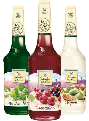 Moulin de Valdonne - Assortiment de Sirop de Grenadine, de sirop de Menthe et de sirop d'Orgeat pour boissons rafraîchissantes, cocktail avec ou sans alcool, 3 bouteilles 70 cl