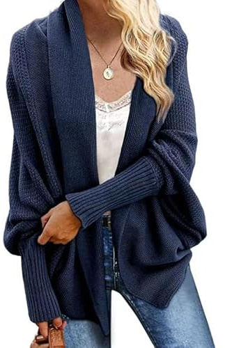 TANMESSO Women's Oversized Batwing Kimono Cardigan Sweater 2025 Slouchy Cable Knit Wrap for Cozy Style (navy blue,M,M,Regular,Regular)