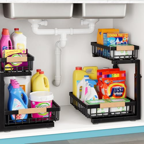 Jusdyrack Under Sink Storage Metal 2 Packs 2 Tier Under Sink Organiser, Sliding Kitchen Storage & Organisation Multi-Purpose Pull Out Cupboard Organiser for Kitchen, Bathroom,Home Essentials