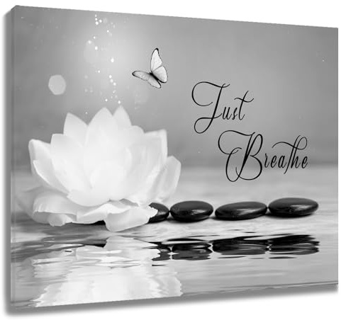 LB Zen Stone Wall Art Waterlily Flower Grey Butterfly Canvas Wall Art for Living Room Just Breathe Yoga Spa Relax Poster Paint Wall Art Decor for Bathroom Kitchen Bedroom,12Wx12H inch Wooden Framed
